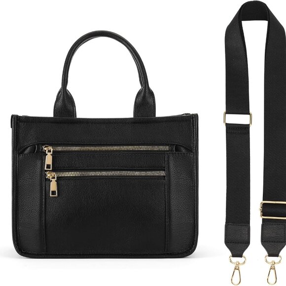 Black PU Leather Tote Bag for Women, Multi-Pocket, Travel-Compatible - Picture 5 of 8